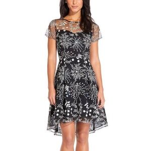 Adrianna Papell Illusion Neck Mesh Floral Embroidered Fit & Flare Dress Size 4